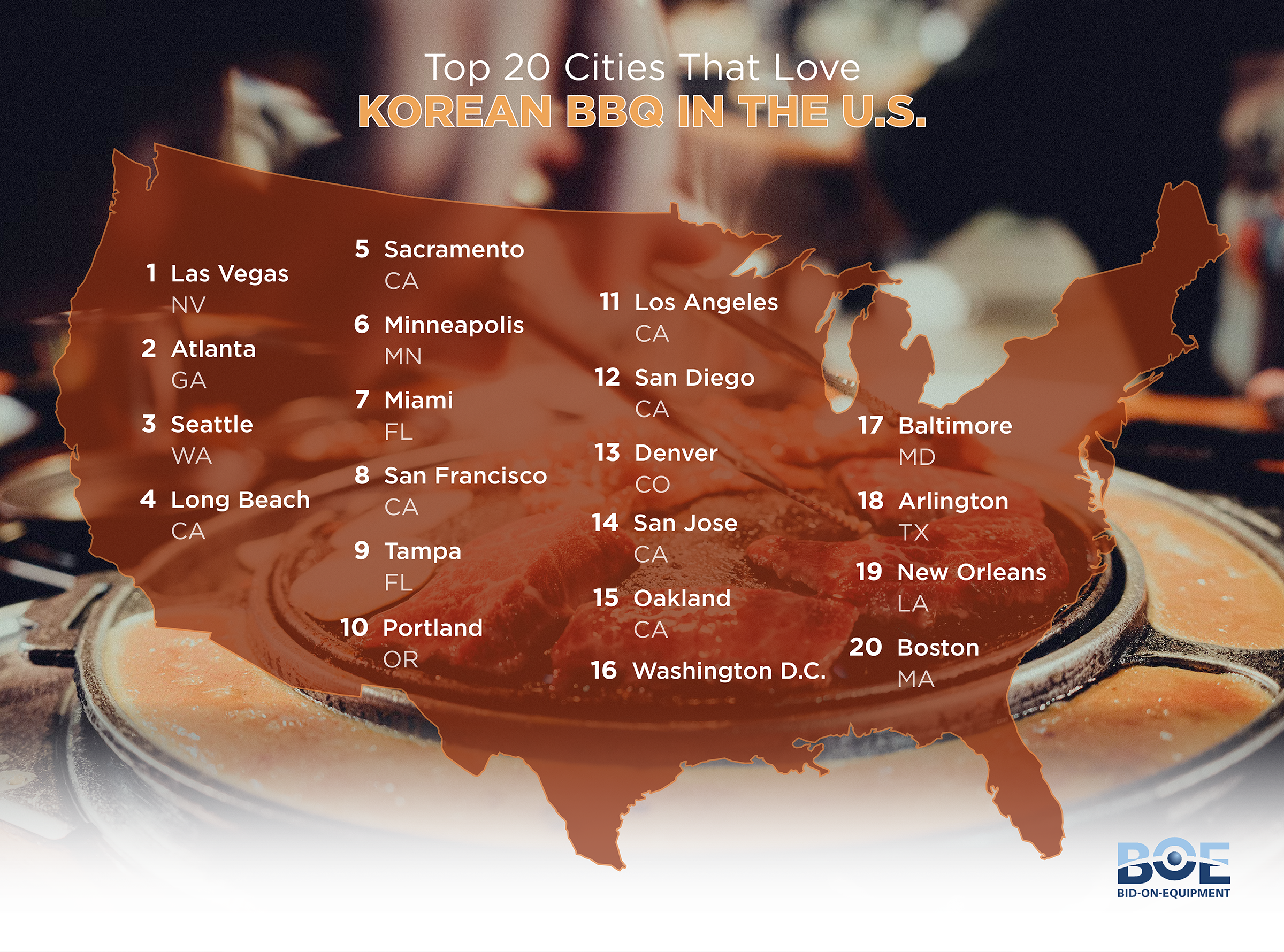 Top 20 cities for Korean BBQ in the US Map - report from bideonequipment.com